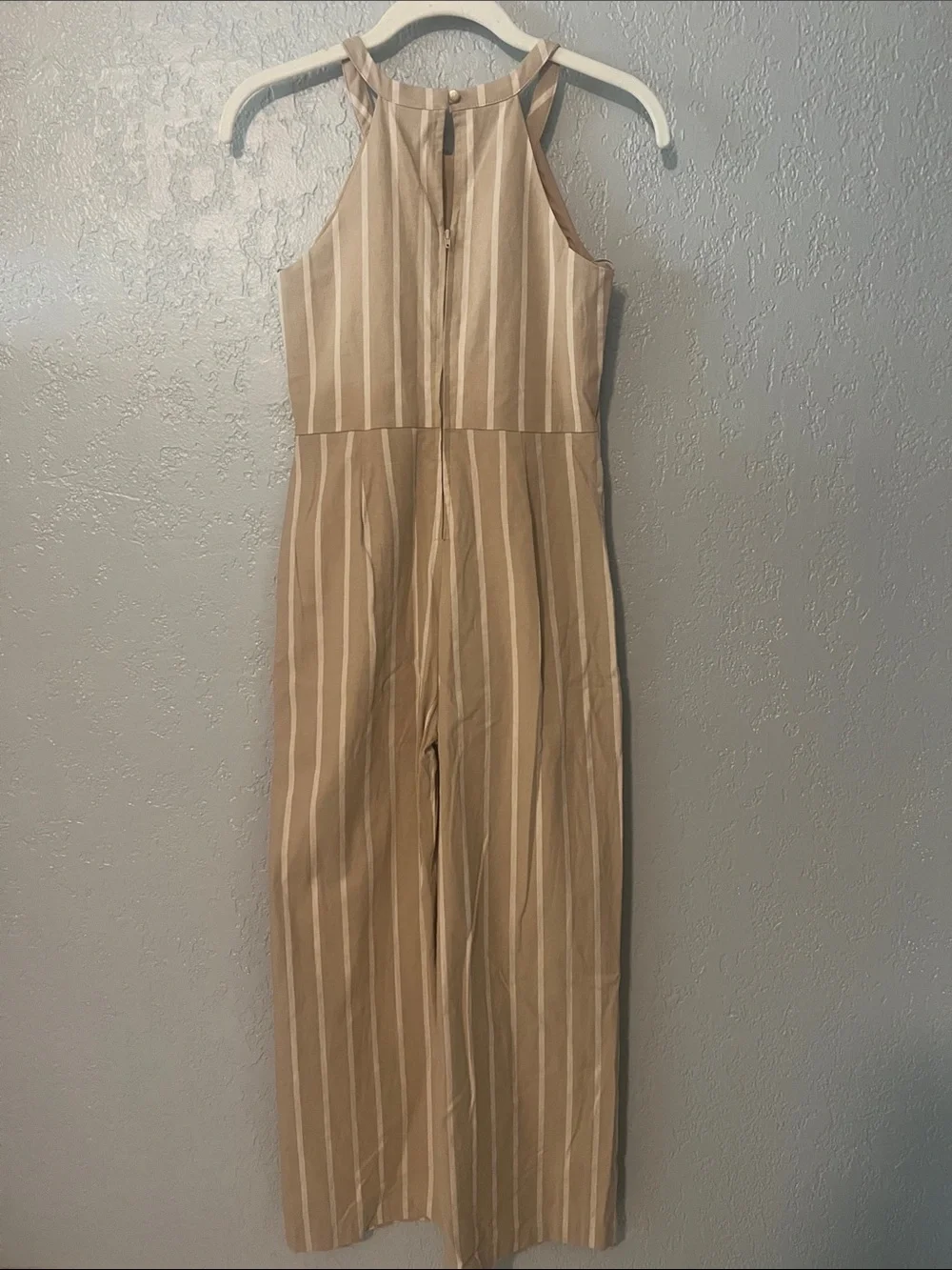 GB girls Tan and White Striped Halter Jumpsuit with Waist Tie